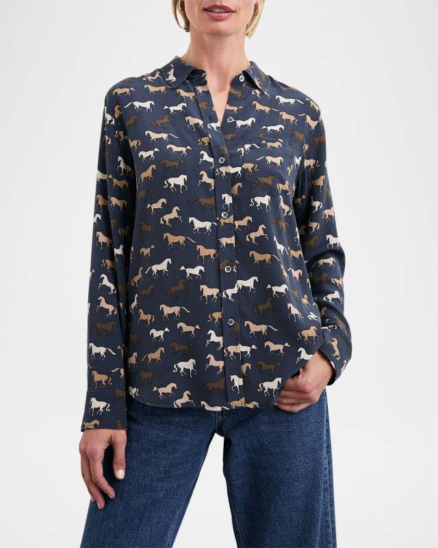 Kate Horses Button-Front Silk Shirt